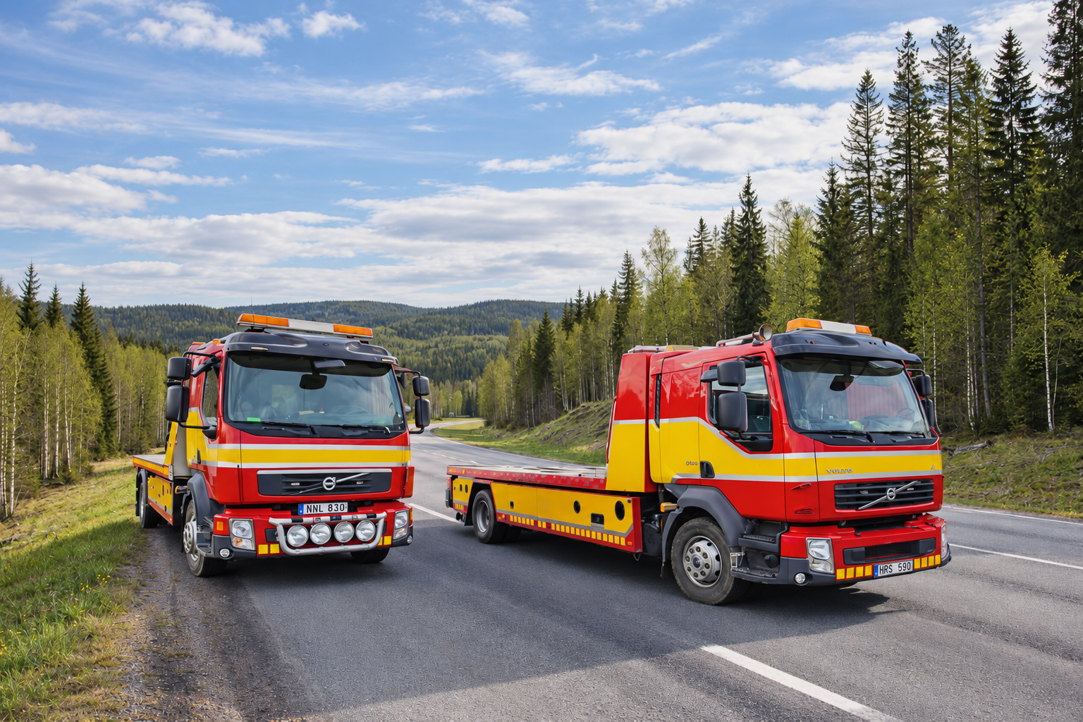 Två bärgningsbilar på en skogsväg.